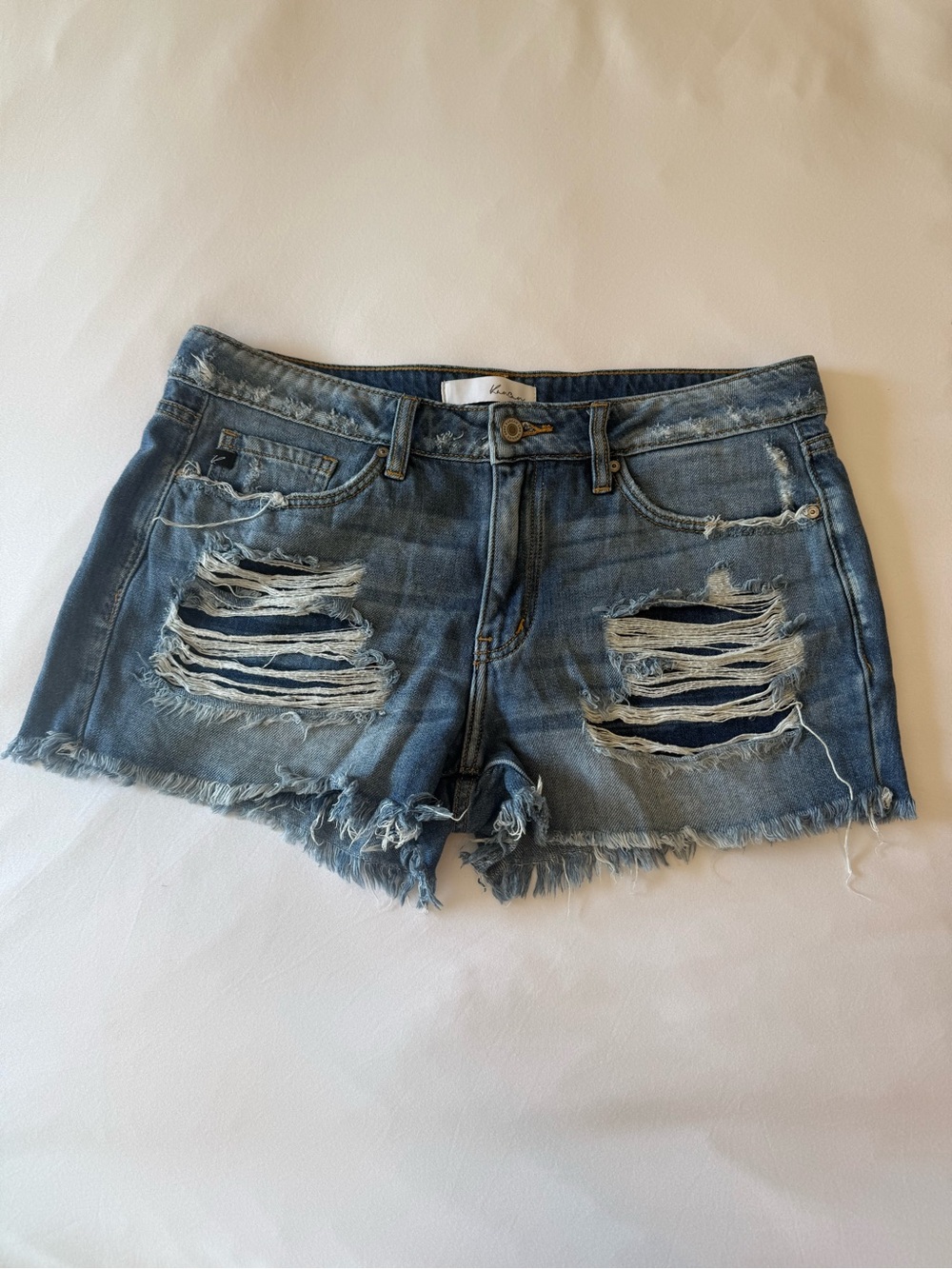 KanCan Ripped Frayed Hem Denim Shorts in Medium Blue